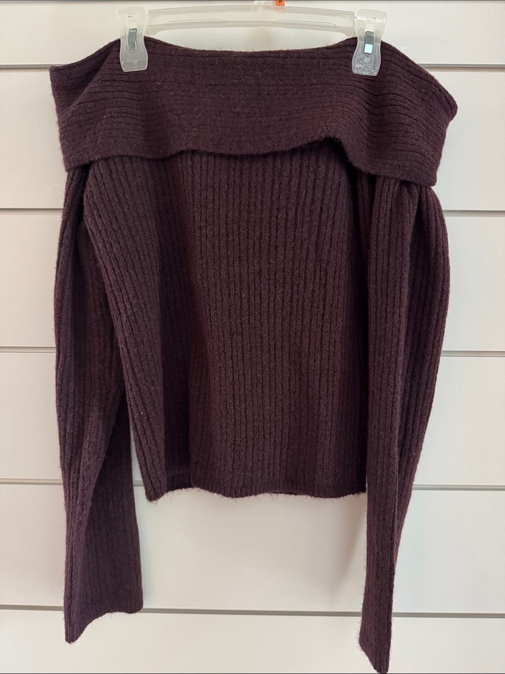 Divided Off-the-Shoulder Ribbed Knit Sweater in Plum
